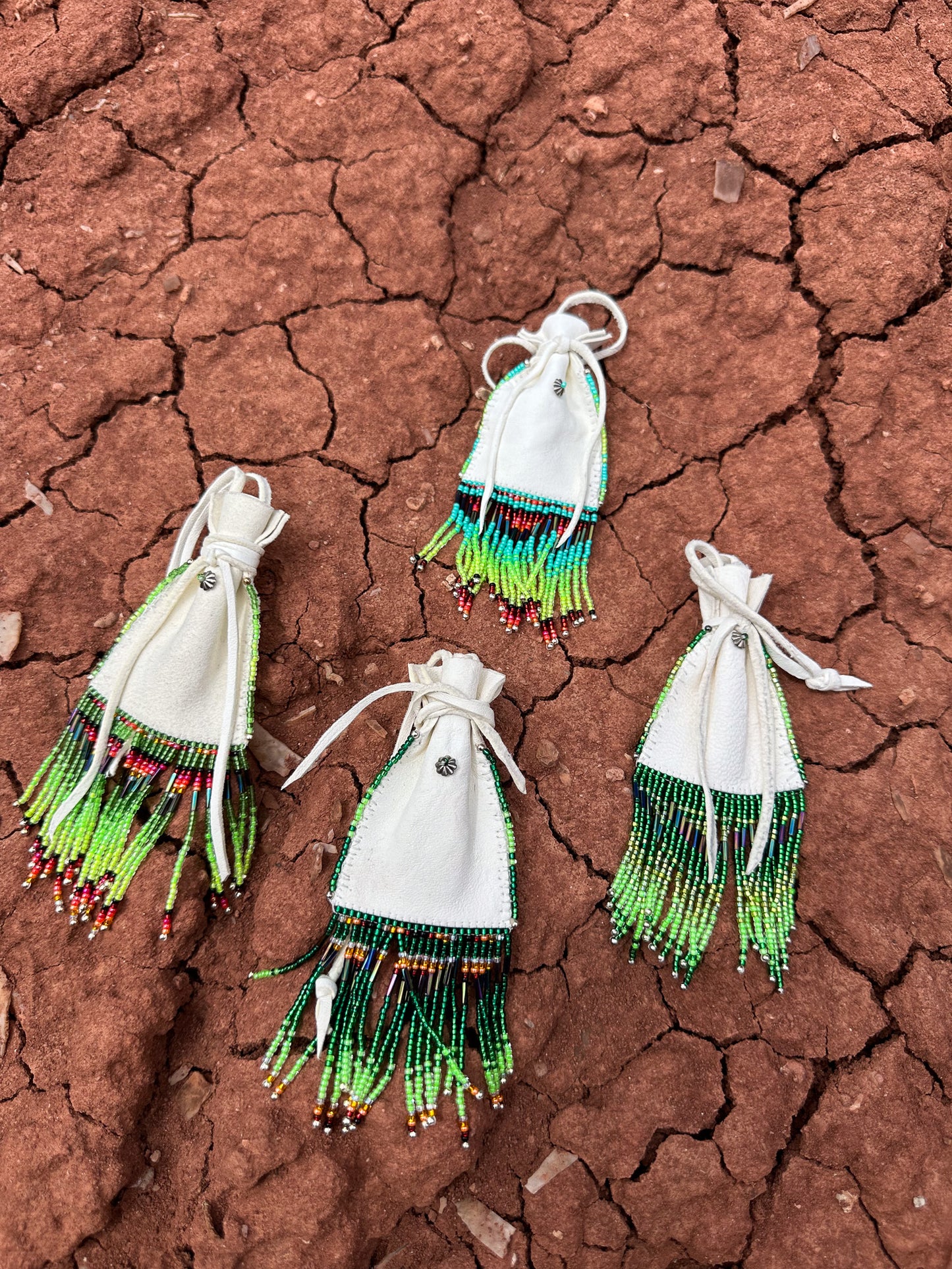 Navajo Made Handbeaded Buckskin Bags-Greens