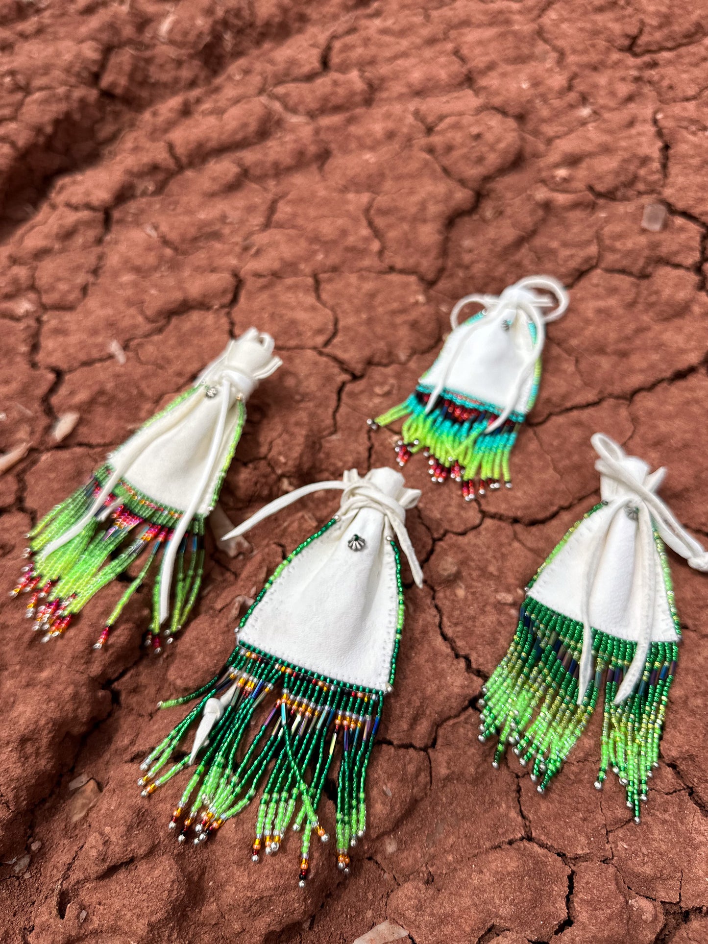 Navajo Made Handbeaded Buckskin Bags-Greens