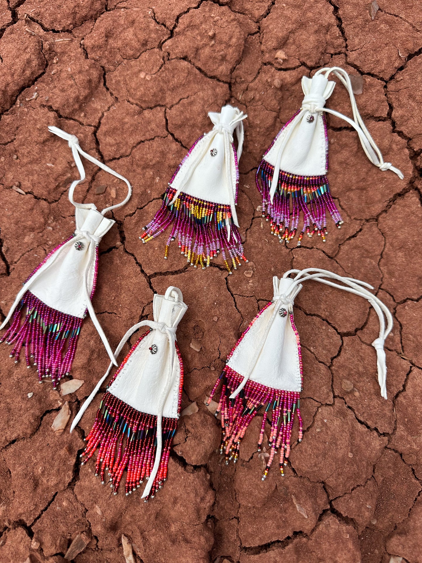 Navajo Made Handbeaded Buckskin Bags-Reds