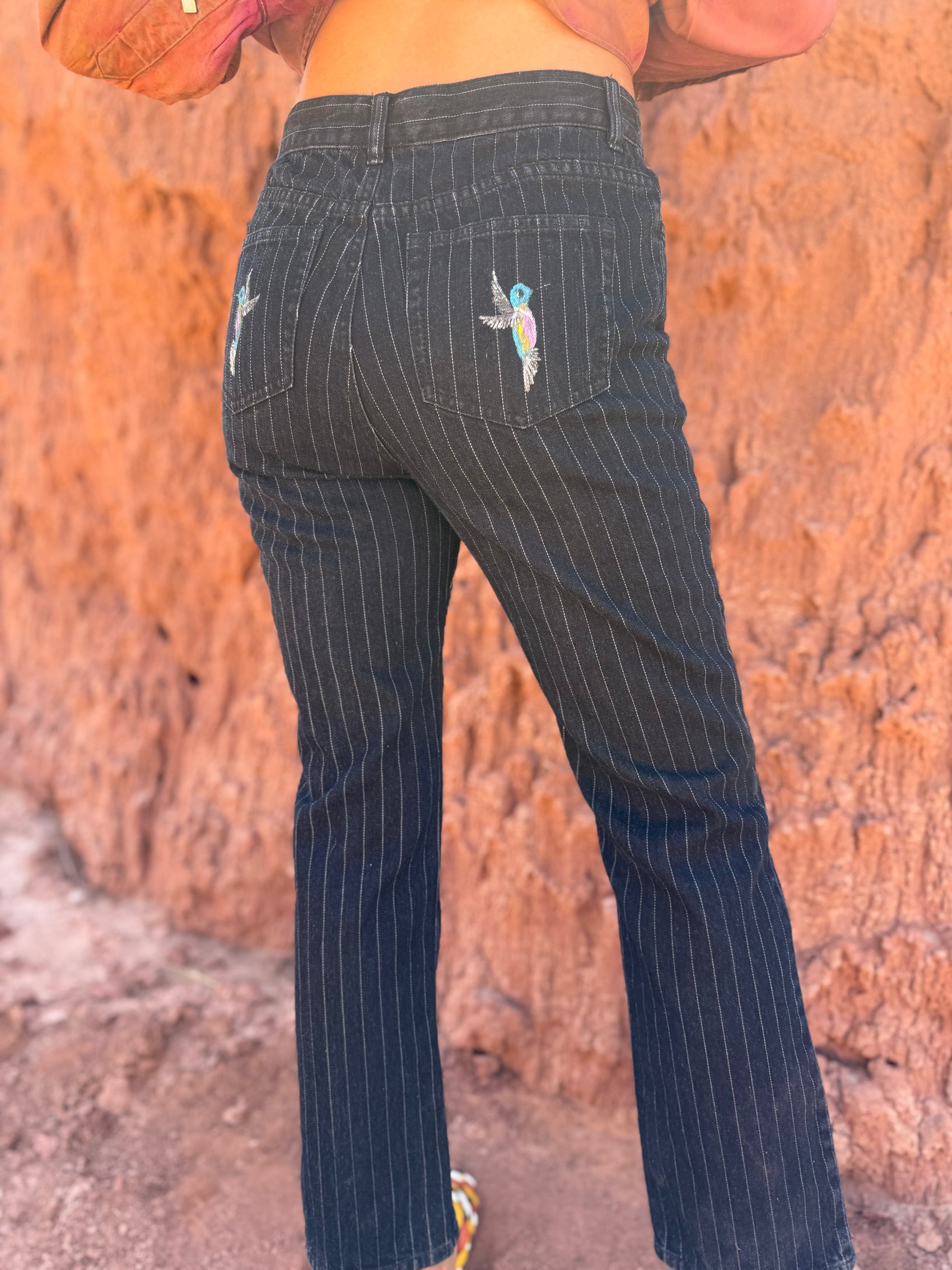 Handpainted Hummingbirds Vintage Pinstripe 90s Jeans 30 x 28