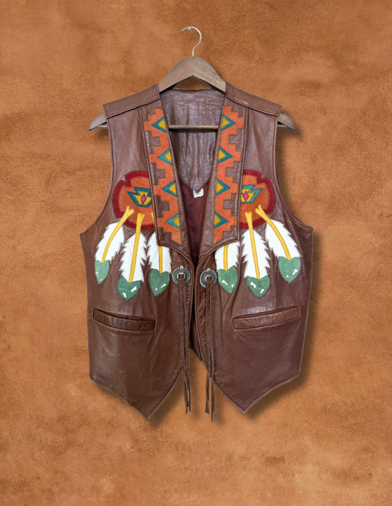 Rare Vintage 70s Applique Leather Vest 44 x 27